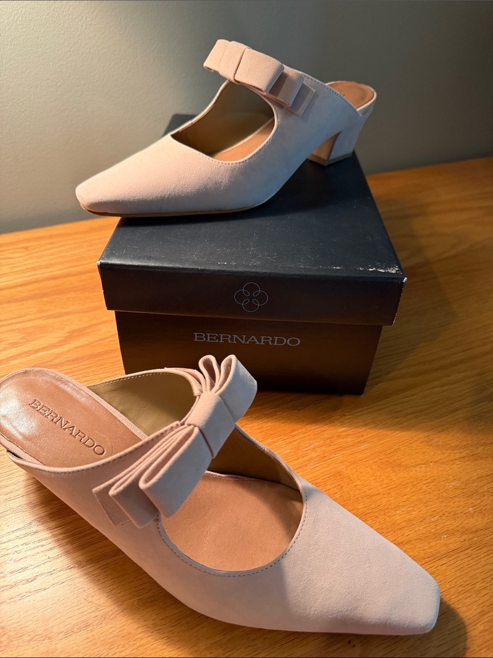 Bernardo Pale Pink Bow Block Heel Mules